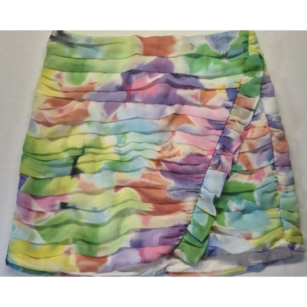 Zara women's watercolor pastel mini skirt side ruffle/backโ zipper bodycon sz S